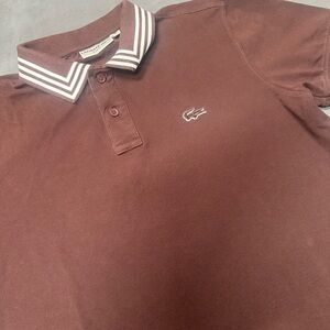 Lacoste Men's Striped Short Sleeve Polo Shirt Brown White Slim Fit Size 8 FR 2